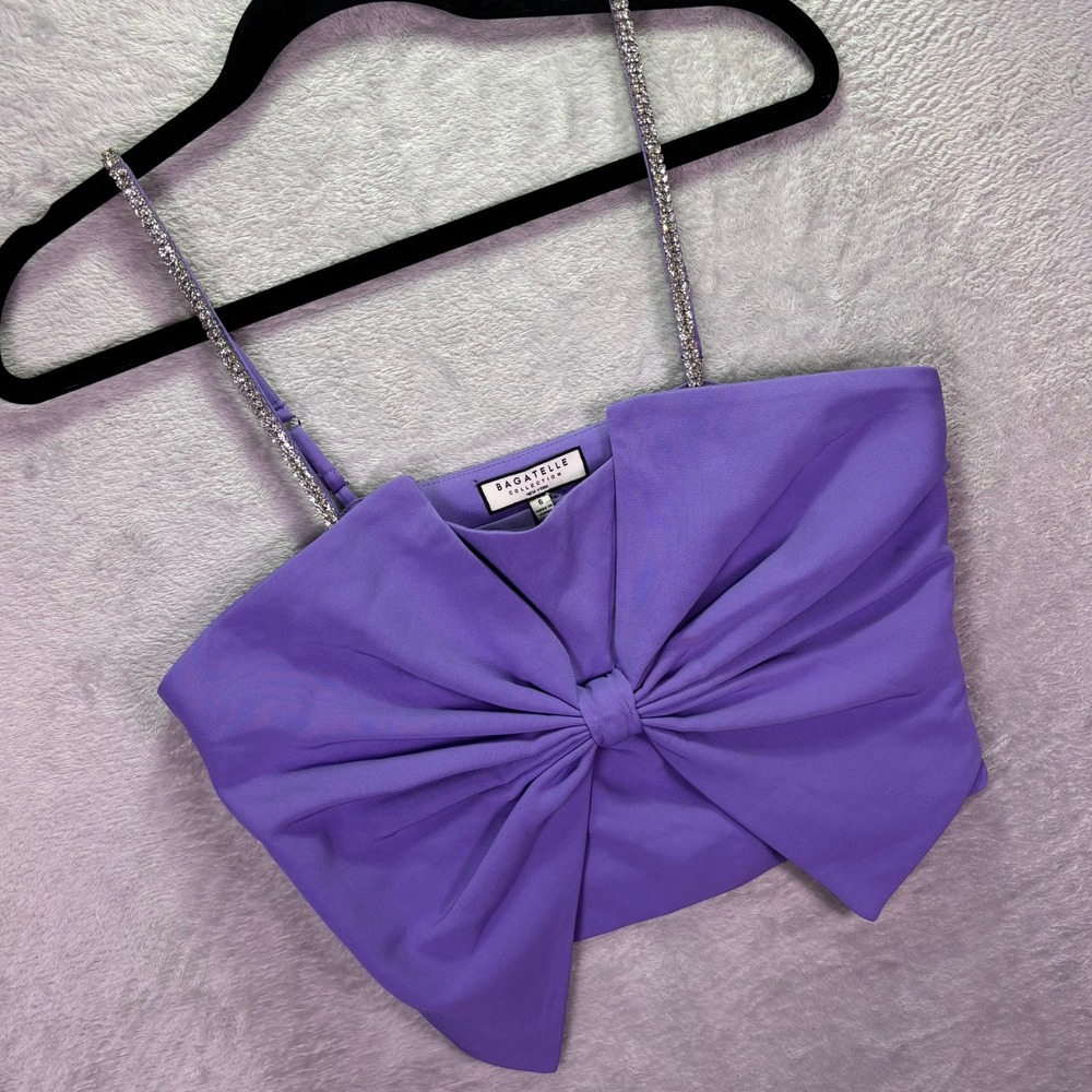 NWT Bagatelle Women Top Sz 6 Purple Oversized Bow Rhinestone Strap Crop 82997